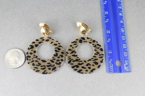 Clip On earrings cheetah leopard round disc pendant lightweight 2 3/8 inches long Brown Black leopard print in Saudi Arabia