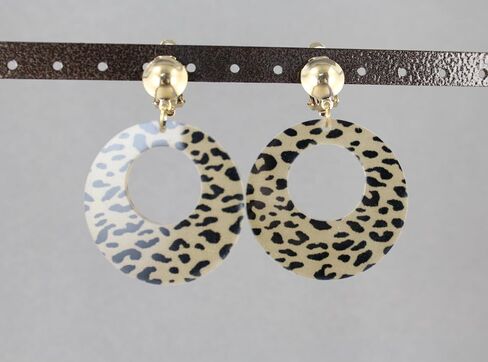 Clip On earrings cheetah leopard round disc pendant lightweight 2 3/8 inches long Brown Black leopard print in Saudi Arabia