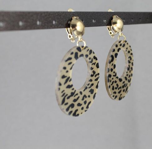 Clip On earrings cheetah leopard round disc pendant lightweight 2 3/8 inches long Brown Black leopard print in Saudi Arabia
