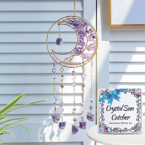 Dream Catchers Tree of Life Dream Catcher Amethyst Crystal Dreamcatcher Wall Decor with Healing Crystal Stone & Fluorite Wall Art Hanging for Bedroom Home Decor Bless Gift Wedding Garden-Purple in Kuwait
