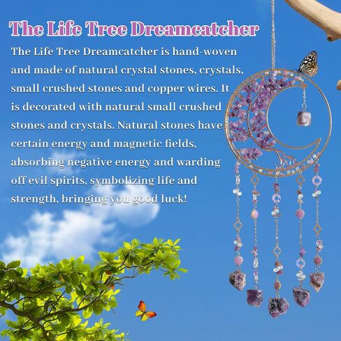 Dream Catchers Tree of Life Dream Catcher Amethyst Crystal Dreamcatcher Wall Decor with Healing Crystal Stone & Fluorite Wall Art Hanging for Bedroom Home Decor Bless Gift Wedding Garden-Purple in Kuwait