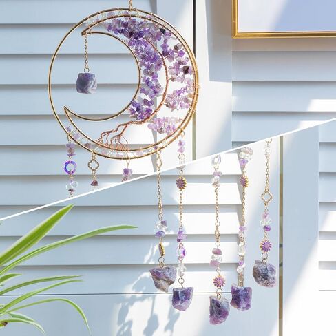 Dream Catchers Tree of Life Dream Catcher Amethyst Crystal Dreamcatcher Wall Decor with Healing Crystal Stone & Fluorite Wall Art Hanging for Bedroom Home Decor Bless Gift Wedding Garden-Purple in Kuwait