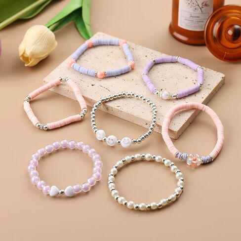Heishi Preppy Bracelets, y2k Kawaii Stuff, Bohemian Beaded Charm Stackable Bracelet Set, Aesthetic Jewelry,Gifts for Women in Saudi Arabia