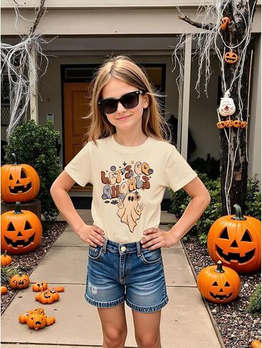 Girls Halloween T-Shirt Lets Go Ghouls Ghost Shirts Spooky Season Kids Graphic Tee Short Sleeve Tops 5-10 Years in Saudi Arabia