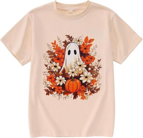 Halloween Shirt for Girls Floral Ghost T-Shirt Girl Pumpkin Tops Spooky Season Outfit Short Sleeve Tees Fall Clothes in Saudi Arabia