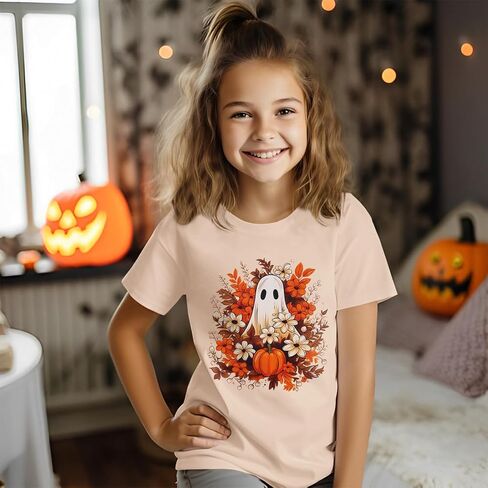 Halloween Shirt for Girls Floral Ghost T-Shirt Girl Pumpkin Tops Spooky Season Outfit Short Sleeve Tees Fall Clothes in Saudi Arabia