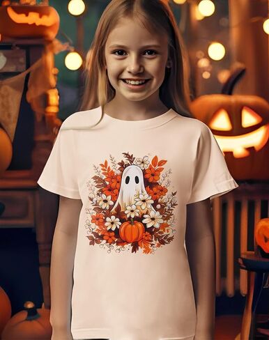 Halloween Shirt for Girls Floral Ghost T-Shirt Girl Pumpkin Tops Spooky Season Outfit Short Sleeve Tees Fall Clothes in Saudi Arabia