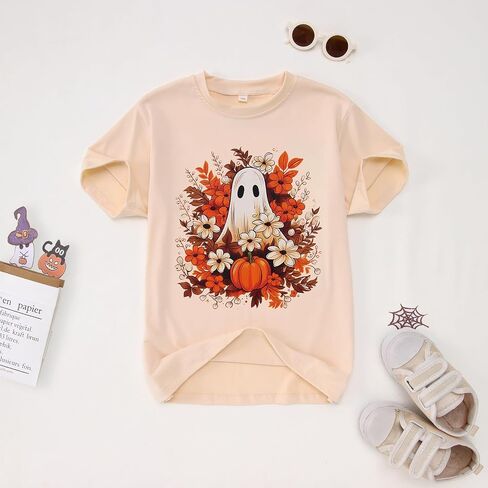 Halloween Shirt for Girls Floral Ghost T-Shirt Girl Pumpkin Tops Spooky Season Outfit Short Sleeve Tees Fall Clothes in Saudi Arabia