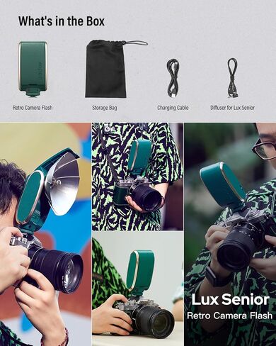 طقم فلاش كاميرا Godox Lux Senior Retro مع موزع، GN14 1700mAh 6000K±200K CCT، أوضاع تلقائية ويدوية 1/1-1/64 قوة فلاش، طول بؤري 28 مم قابل للطي لكاميرات Canon Sony Nikon Fuji Olympus in Kuwait
