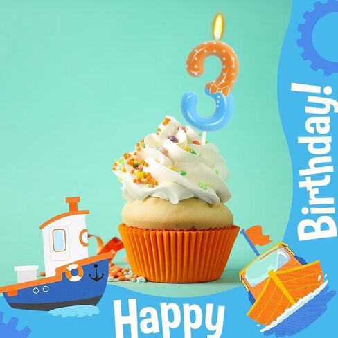 Orange Blue 3rd Birthday Candle for Girls Boys - Number 3 Candle, Cake Decorations, Children's Enlightenment Animation Theme Birthday Candles Kids Cartoon Theme Party Supplies in Kuwait