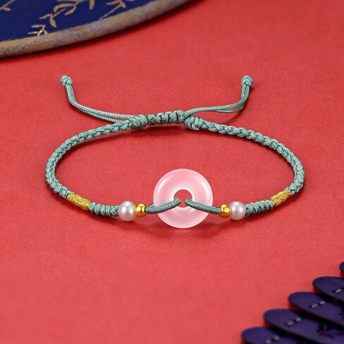 24K Gold Bracelet for Women Pearl Bracelets Peace Buckle Charm Link Chain Chalcedony Beads Natural Gemstone Bangle Dainty Healing Stone Charms Lucky Jewelry Agate Braided Rope Fortune Solid Gold Gift in Saudi Arabia