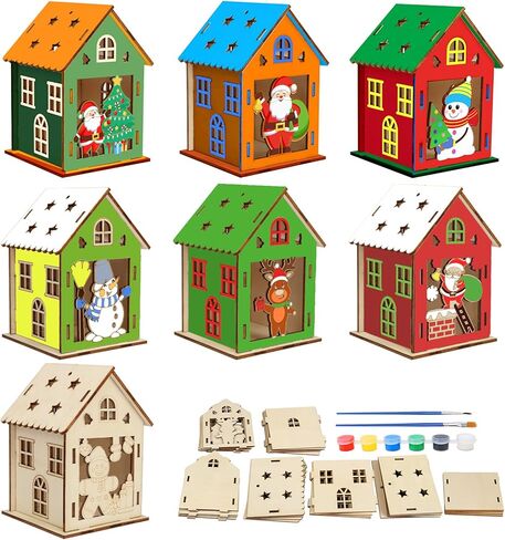 Fennoral 14 Pack Wooden Christmas House Craft Kit for Kids Make You Own 3D Christmas House Kit with Snowman Penguin Santa Claus Elf Gingerbread Man Reindeer Pattern DIY Paint for Christmas Decoration in Kuwait