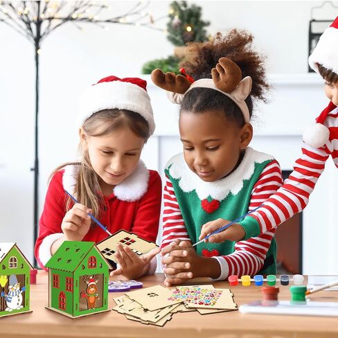 Fennoral 14 Pack Wooden Christmas House Craft Kit for Kids Make You Own 3D Christmas House Kit with Snowman Penguin Santa Claus Elf Gingerbread Man Reindeer Pattern DIY Paint for Christmas Decoration in Kuwait