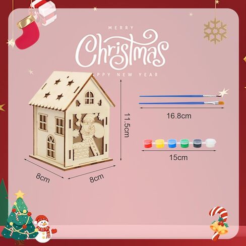 Fennoral 14 Pack Wooden Christmas House Craft Kit for Kids Make You Own 3D Christmas House Kit with Snowman Penguin Santa Claus Elf Gingerbread Man Reindeer Pattern DIY Paint for Christmas Decoration in Kuwait