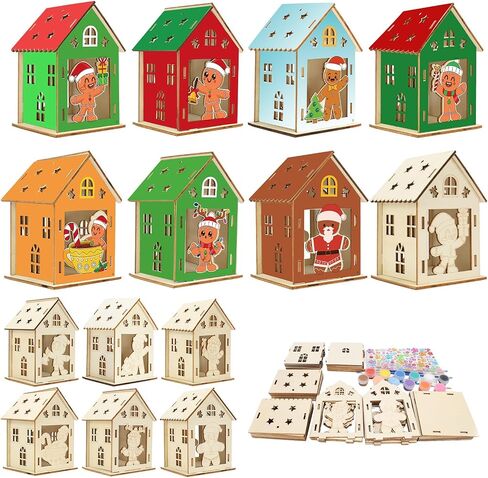 Fennoral 14 Pack Wooden Christmas House Craft Kit for Kids Make You Own 3D Christmas House Kit with Snowman Penguin Santa Claus Elf Gingerbread Man Reindeer Pattern DIY Paint for Christmas Decoration in Saudi Arabia