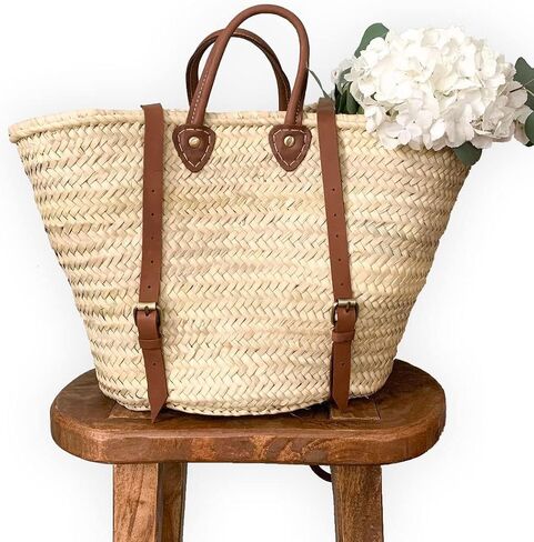 French Basket Backpack with Leather Strap, Straw Backpack, Beach Bag, Hipster Style, Handmade Summer Tote in Saudi Arabia