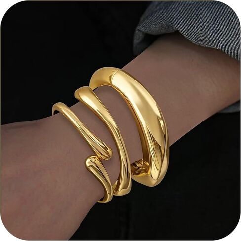 BROCC 3PCS Chunky Gold Bangle Bracelets for Women Trendy Wide Wrist Stackable Bangles Set Open Hinged Bracelet Stack Wide Wire Minimalist Fashion Jewelry in Saudi Arabia