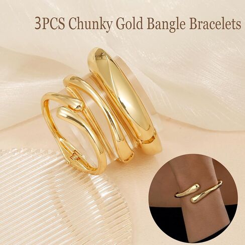 BROCC 3PCS Chunky Gold Bangle Bracelets for Women Trendy Wide Wrist Stackable Bangles Set Open Hinged Bracelet Stack Wide Wire Minimalist Fashion Jewelry in Saudi Arabia
