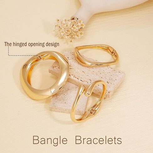 BROCC 3PCS Chunky Gold Bangle Bracelets for Women Trendy Wide Wrist Stackable Bangles Set Open Hinged Bracelet Stack Wide Wire Minimalist Fashion Jewelry in Saudi Arabia