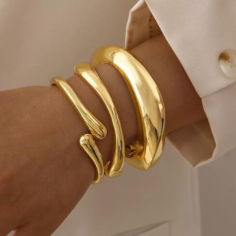 BROCC 3PCS Chunky Gold Bangle Bracelets for Women Trendy Wide Wrist Stackable Bangles Set Open Hinged Bracelet Stack Wide Wire Minimalist Fashion Jewelry in Saudi Arabia