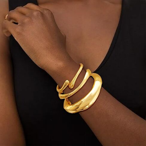 BROCC 3PCS Chunky Gold Bangle Bracelets for Women Trendy Wide Wrist Stackable Bangles Set Open Hinged Bracelet Stack Wide Wire Minimalist Fashion Jewelry in Saudi Arabia