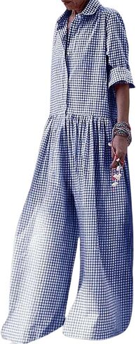 utcoco Women Long Sleeve Wide Leg Plaid Jumpsuits Casual Loose Fit Button Up One Piece Jumpsuit Long Pants in Saudi Arabia