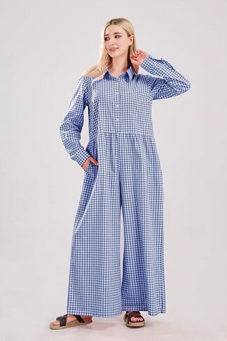 utcoco Women Long Sleeve Wide Leg Plaid Jumpsuits Casual Loose Fit Button Up One Piece Jumpsuit Long Pants in Saudi Arabia