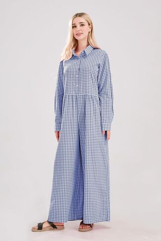 utcoco Women Long Sleeve Wide Leg Plaid Jumpsuits Casual Loose Fit Button Up One Piece Jumpsuit Long Pants in Saudi Arabia