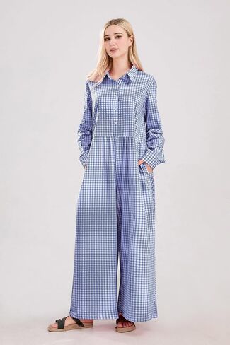 utcoco Women Long Sleeve Wide Leg Plaid Jumpsuits Casual Loose Fit Button Up One Piece Jumpsuit Long Pants in Saudi Arabia