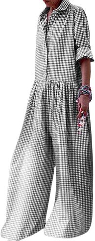 utcoco Women Long Sleeve Wide Leg Plaid Jumpsuits Casual Loose Fit Button Up One Piece Jumpsuit Long Pants in Saudi Arabia