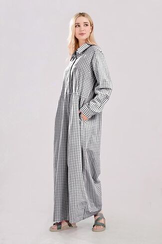 utcoco Women Long Sleeve Wide Leg Plaid Jumpsuits Casual Loose Fit Button Up One Piece Jumpsuit Long Pants in Saudi Arabia