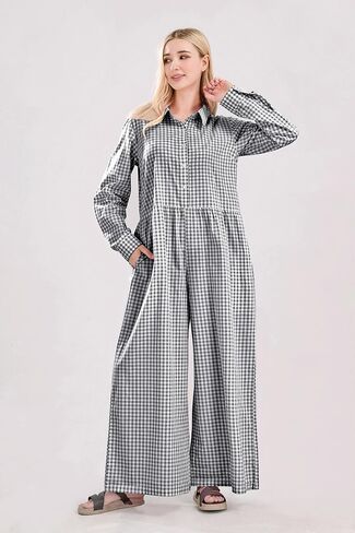 utcoco Women Long Sleeve Wide Leg Plaid Jumpsuits Casual Loose Fit Button Up One Piece Jumpsuit Long Pants in Saudi Arabia