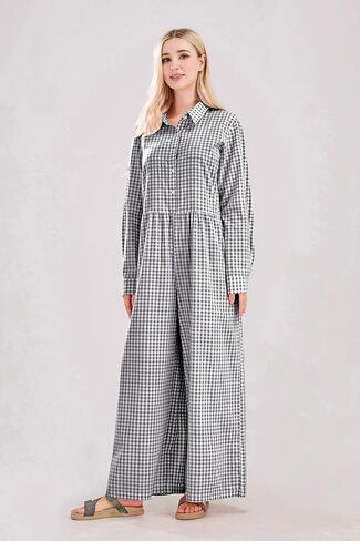 utcoco Women Long Sleeve Wide Leg Plaid Jumpsuits Casual Loose Fit Button Up One Piece Jumpsuit Long Pants in Saudi Arabia