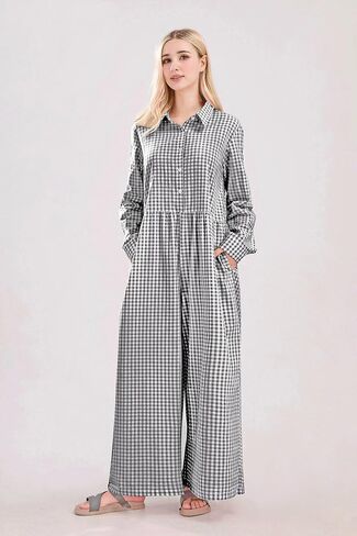 utcoco Women Long Sleeve Wide Leg Plaid Jumpsuits Casual Loose Fit Button Up One Piece Jumpsuit Long Pants in Saudi Arabia