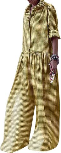 utcoco Women Long Sleeve Wide Leg Plaid Jumpsuits Casual Loose Fit Button Up One Piece Jumpsuit Long Pants in Saudi Arabia