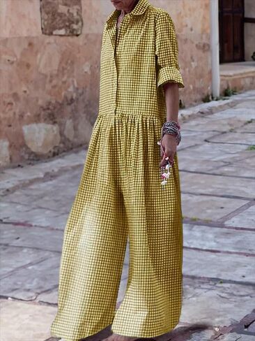 utcoco Women Long Sleeve Wide Leg Plaid Jumpsuits Casual Loose Fit Button Up One Piece Jumpsuit Long Pants in Saudi Arabia