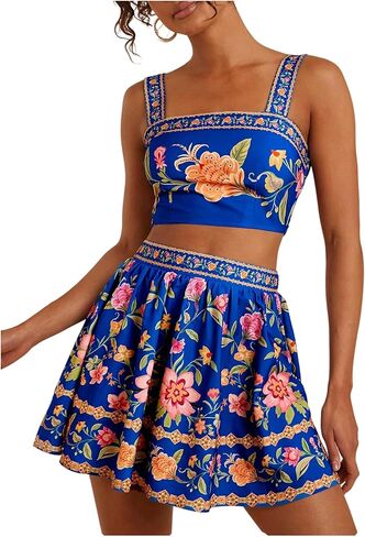 Floerns Women's Two Piece Outfit Tropical Crop Cami Top and Summer Skirts Set in Saudi Arabia