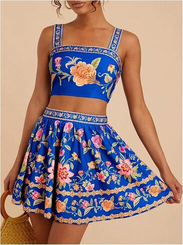 Floerns Women's Two Piece Outfit Tropical Crop Cami Top and Summer Skirts Set in Saudi Arabia