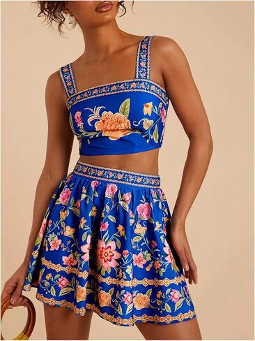 Floerns Women's Two Piece Outfit Tropical Crop Cami Top and Summer Skirts Set in Saudi Arabia