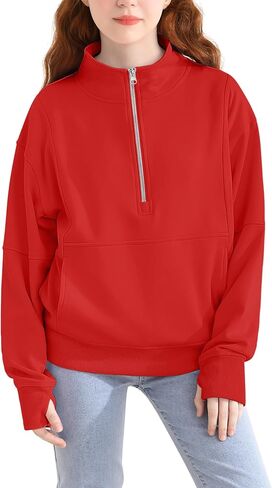 Girls Half Zip Collar Sweatshirts Long Sleeve Pullover Top with Thumb Hole Pocket for Teen Girls in Kuwait