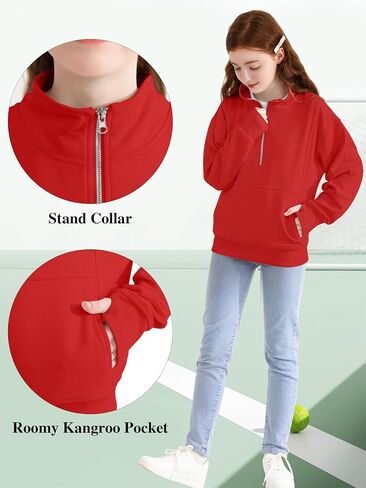 Girls Half Zip Collar Sweatshirts Long Sleeve Pullover Top with Thumb Hole Pocket for Teen Girls in Kuwait