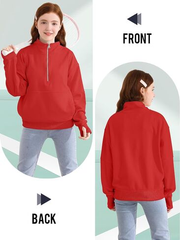 Girls Half Zip Collar Sweatshirts Long Sleeve Pullover Top with Thumb Hole Pocket for Teen Girls in Kuwait
