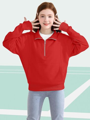 Girls Half Zip Collar Sweatshirts Long Sleeve Pullover Top with Thumb Hole Pocket for Teen Girls in Kuwait