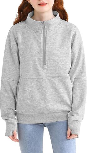 Girls Half Zip Collar Sweatshirts Long Sleeve Pullover Top with Thumb Hole Pocket for Teen Girls in Kuwait