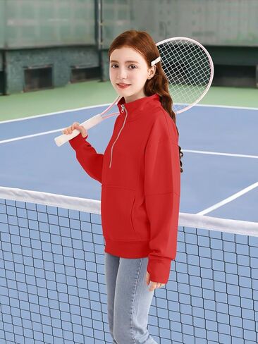 Girls Half Zip Collar Sweatshirts Long Sleeve Pullover Top with Thumb Hole Pocket for Teen Girls in Kuwait