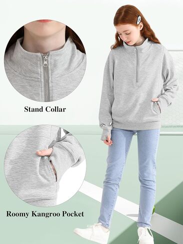 Girls Half Zip Collar Sweatshirts Long Sleeve Pullover Top with Thumb Hole Pocket for Teen Girls in Kuwait