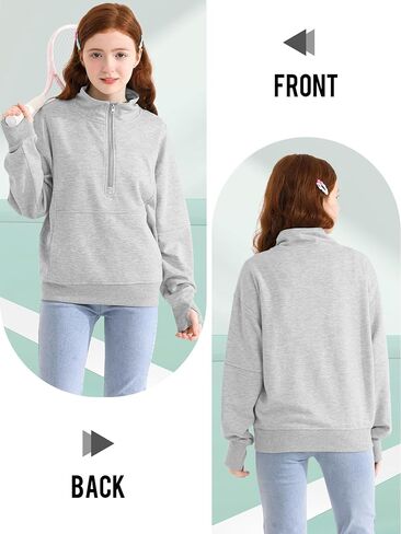 Girls Half Zip Collar Sweatshirts Long Sleeve Pullover Top with Thumb Hole Pocket for Teen Girls in Kuwait