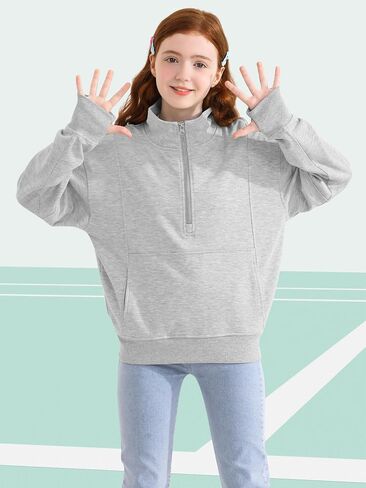 Girls Half Zip Collar Sweatshirts Long Sleeve Pullover Top with Thumb Hole Pocket for Teen Girls in Kuwait