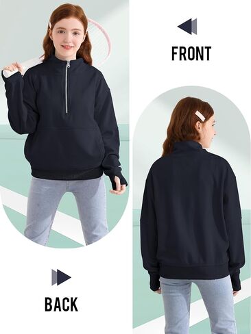 سويت شيرت بناتي بياقة نصف سحاب وأكمام طويلة مع جيب بفتحة إبهام للفتيات المراهقات in Kuwait