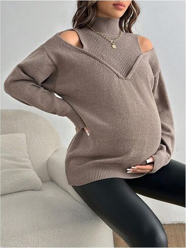 MakeMeChic Women's Maternity Sweater Mock Neck Cold Shoulder Long Sleeve Pregnancy Tops in Saudi Arabia